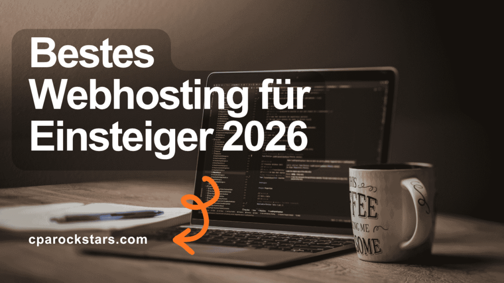 Laptop mit Programmiercode auf einem Schreibtisch neben einer Kaffeetasse, dazu der Titel „Bestes Webhosting für Einsteiger 2026"